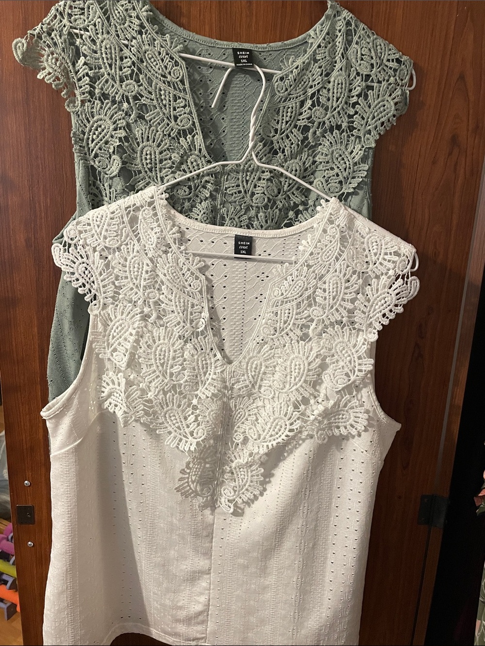 Shein Curve White and Sage Lace Yoke Sleeveless tops (2-Pack) 1XL
